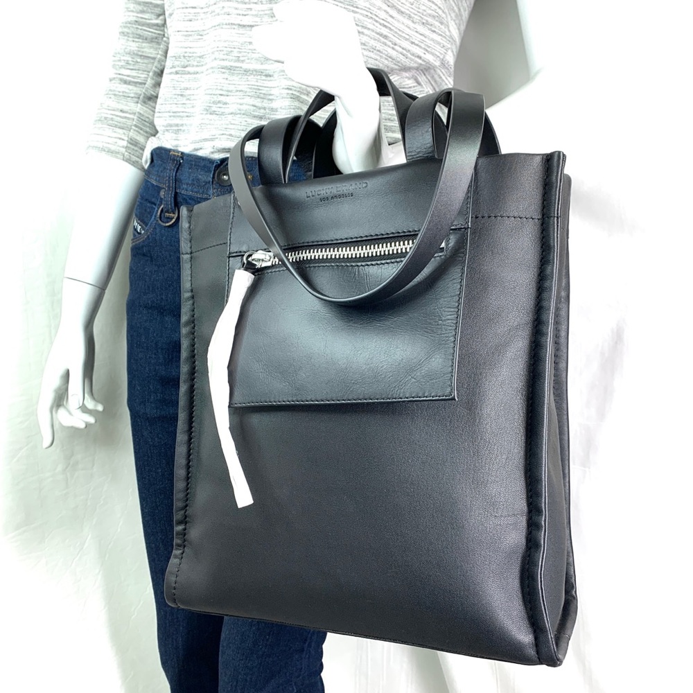 Lucky Brand Soue Unisex Black Leather Large Tote Shoulder Bag Business Travel - Picture 3 of 13